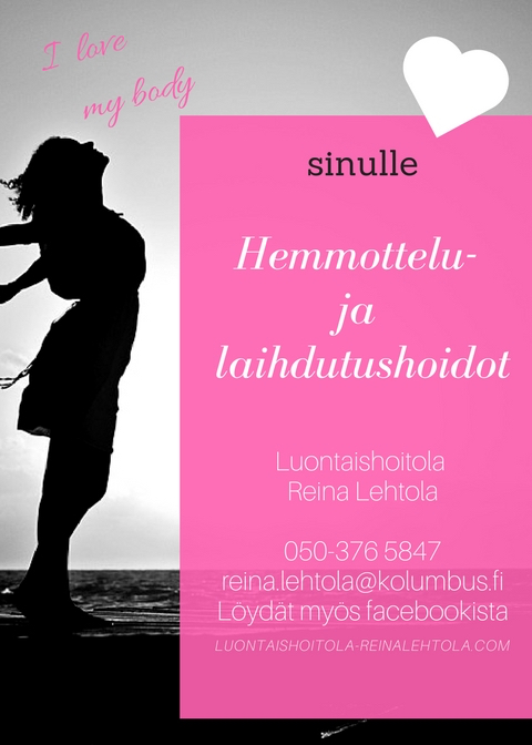 Luontaishoitola Reina Lehtolan hemmottelu- ja laihdutushoidot -mainosjuliste
